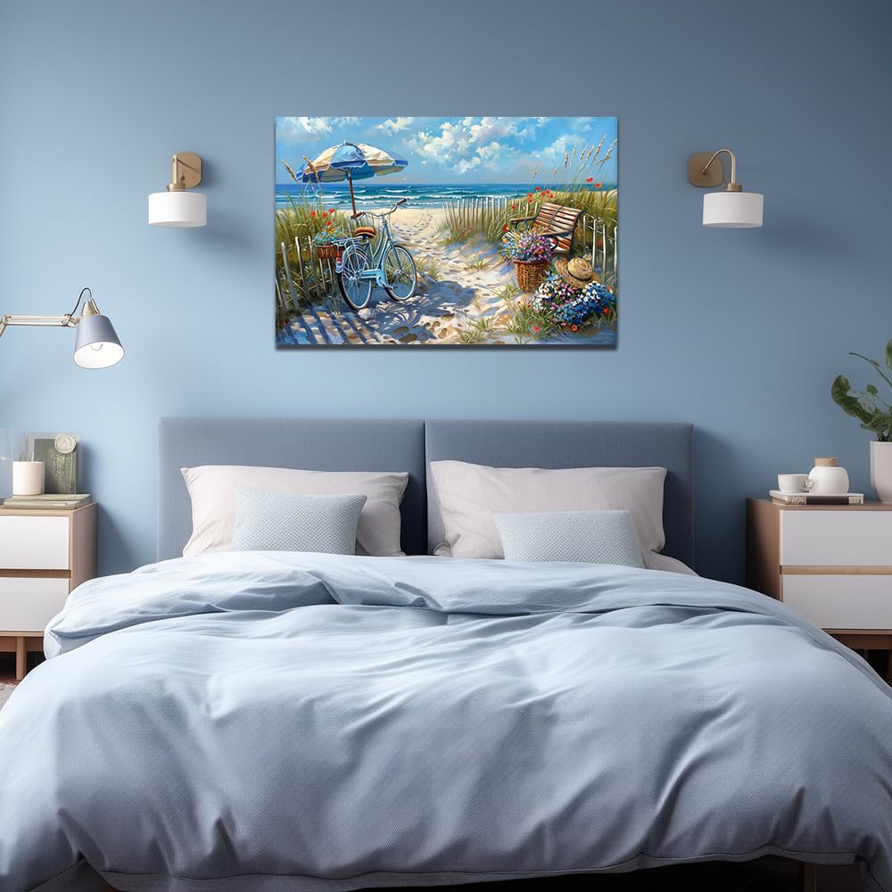ZQQART Lienzo de playa para pared, diseño de bicicleta junto al mar con flores, cuadro de paisaje costero para decoración de baño (playa 3,16 cm x 61 cm)