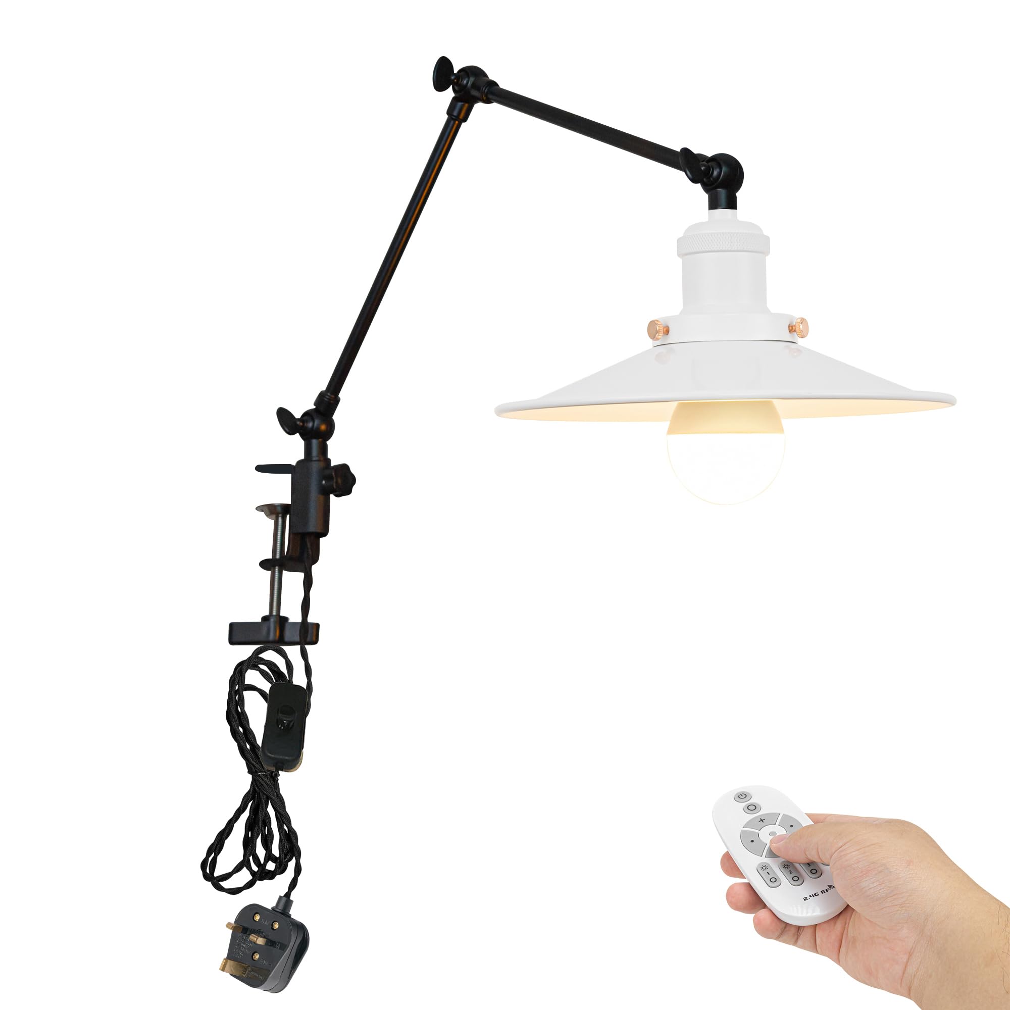 FSLiving Dimmable Desk Lamp Clamp, Desk Lamp Clip Light with Flexible Swing Arm and 2.5 m Cable,Decorative Iron Clamp Lamp Adjustable for Office Study Reading with White Lampshade