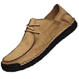 Men’s Hand Stitching Lace-up Flats Loafers Leather Casual Slip-Ons Outdoor Lightweight Vintage Non Slip Work Dress Driving Walking Shoes