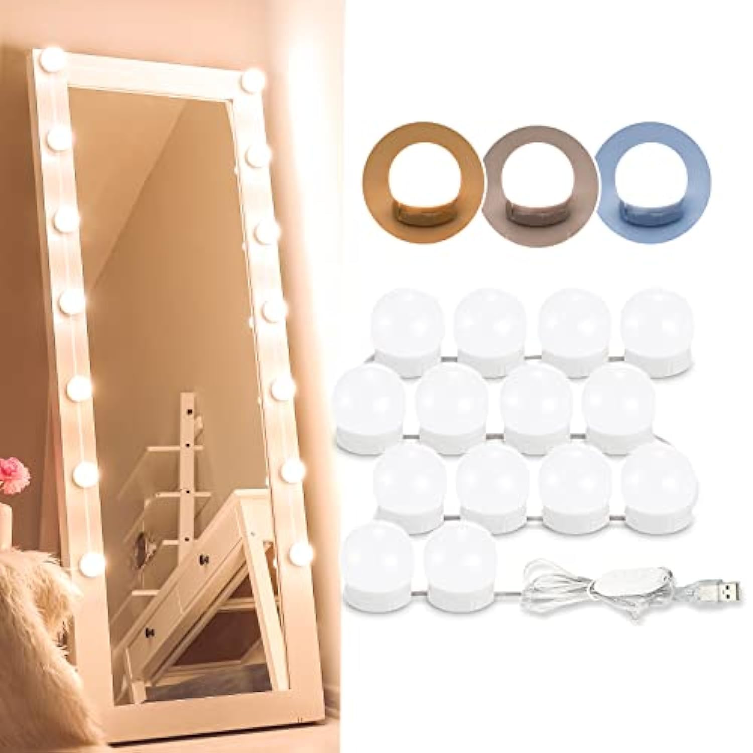 Skade LED Vanity Lights For Mirror, Hollywood Style With 14 Dimmable Bulbs, Adjustable Color & Brightness, USB Cable, Mirror Stick on Makeup Table Dressing Room White