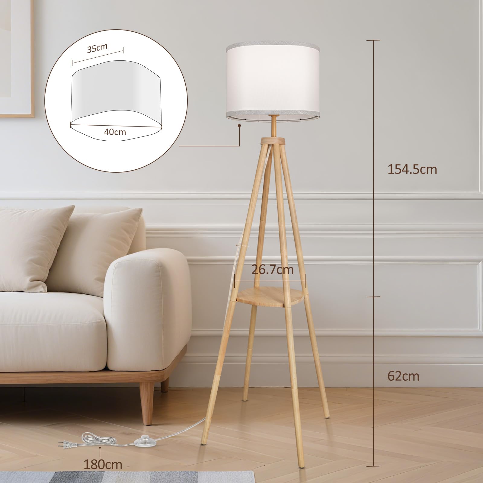 Stehlampe Wohnzimmer mit Regal Stehlampe Dimmbar 2700K-6500K Holzgestell mit Ablagefläche und Fernbedienung Stehleuchte für Wohnzimmer Schlafzimmer Büro Holz