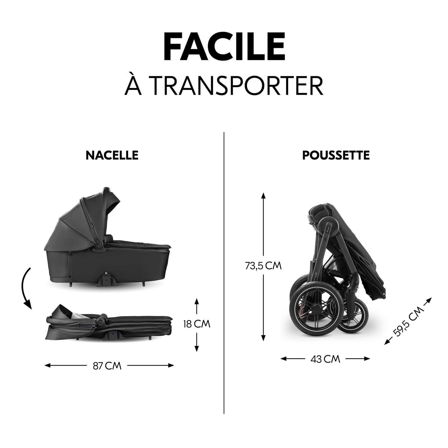 hauck Poussette 2 en 1 avec Pneus en caoutchouc, Comfort N Care Set Black | De la naissance à 22 kg (4 ans), nacelle à boutons mémoire, siège réversible avec couvre-jambes, UPF 50+, adaptateurs cosy