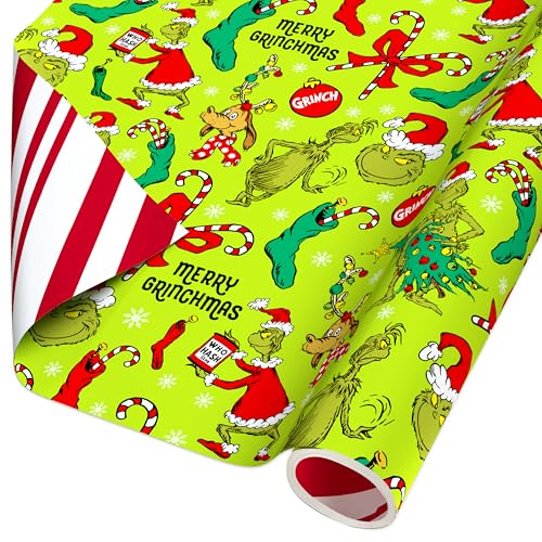 American Greetings Grinch Christmas Wrapping Paper Roll for Kids Green and Red Holiday Gift Wrap (40 sq. ft. 1 Reversible Roll) Merry Grinchmas Max Grinch Christmas Tree
