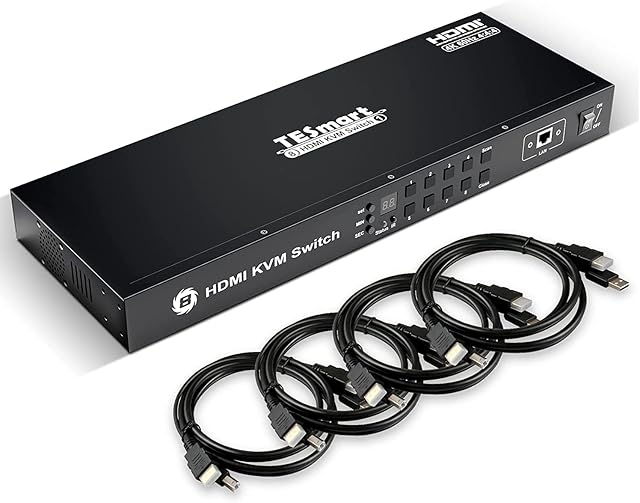 TESmart 8 Port HDMI KVM Switch 4K@60Hz 4:4:4 UHD 8 in 1 out Switcher with Standard USB 2.0, Switching via IR Remote Control&RS232/LAN Port&Auto-Scan, etc with Rackmount 4 Pcs 5ft/1.5m KVM Cable