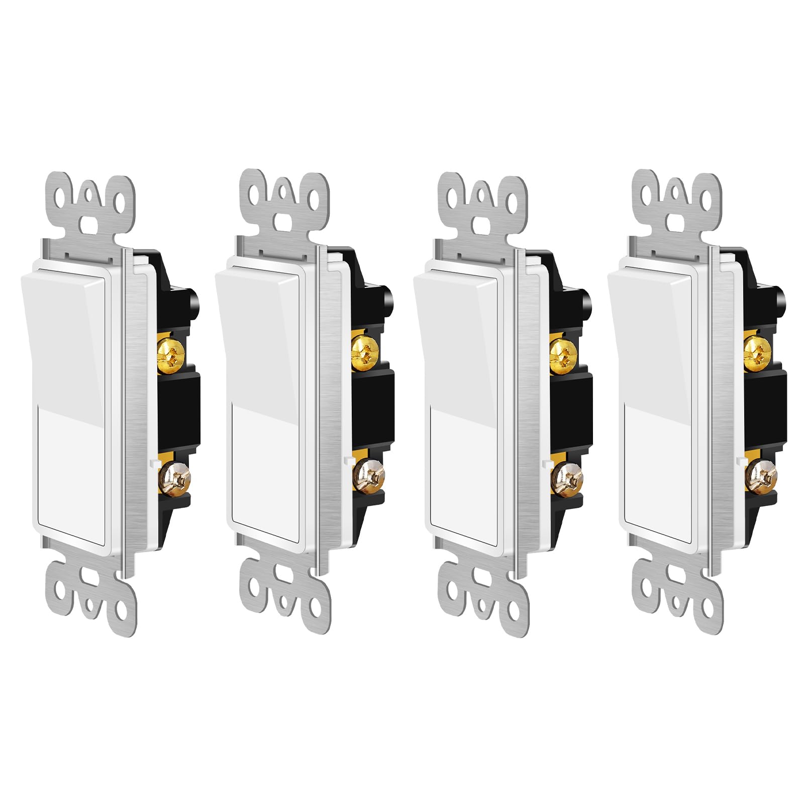 3 Way Switch,NineLeaf 4PK 3 Way Rocker Decorator Paddle Light Switch White,Three Way, 3 Wire, Self-Grounding Screw, Residential Grade, 15A, UL Listed,