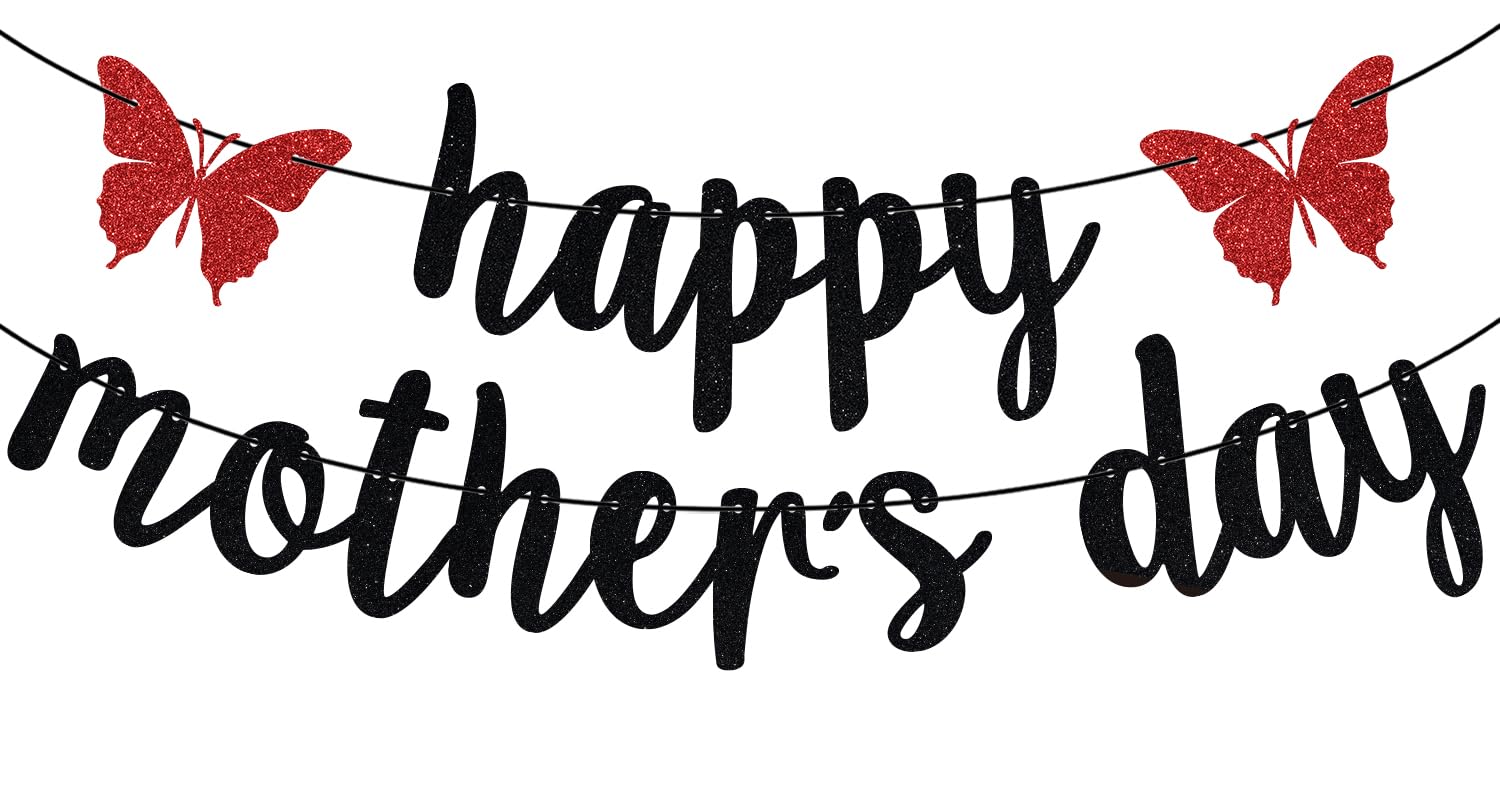 Black Glitter Happy Mother's Day Banner, Feliz Dia Mama/Feliz Dia De Las Madres, Mother's Day Party Decorations Supplies