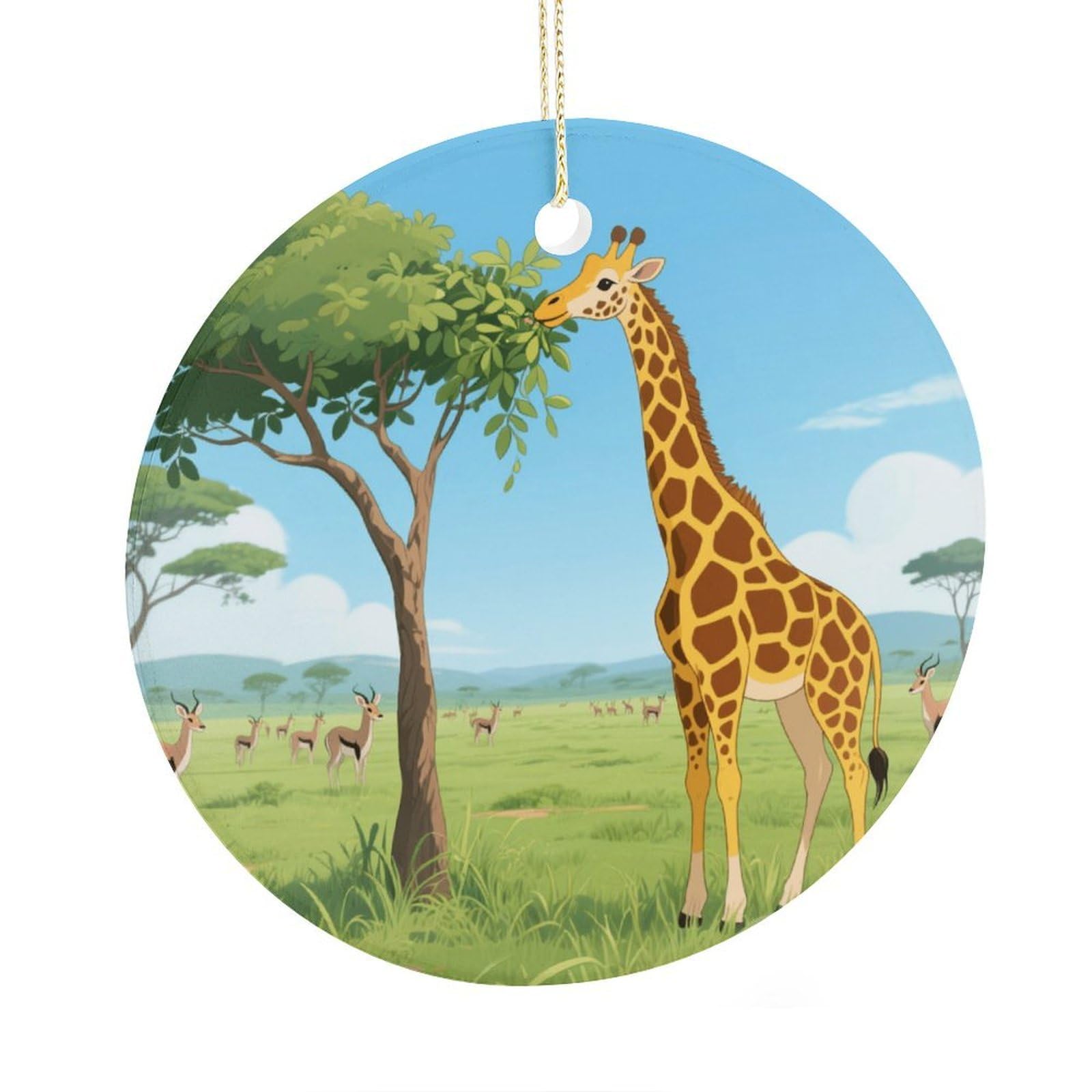 Fekiloot Style Giraffe Eating Leaves Christmas Ornaments 2.9 Inch Round Ceramic Ornament Keepsake Thank You Gifts For Office, Room, Home - Holiday Present Ideas