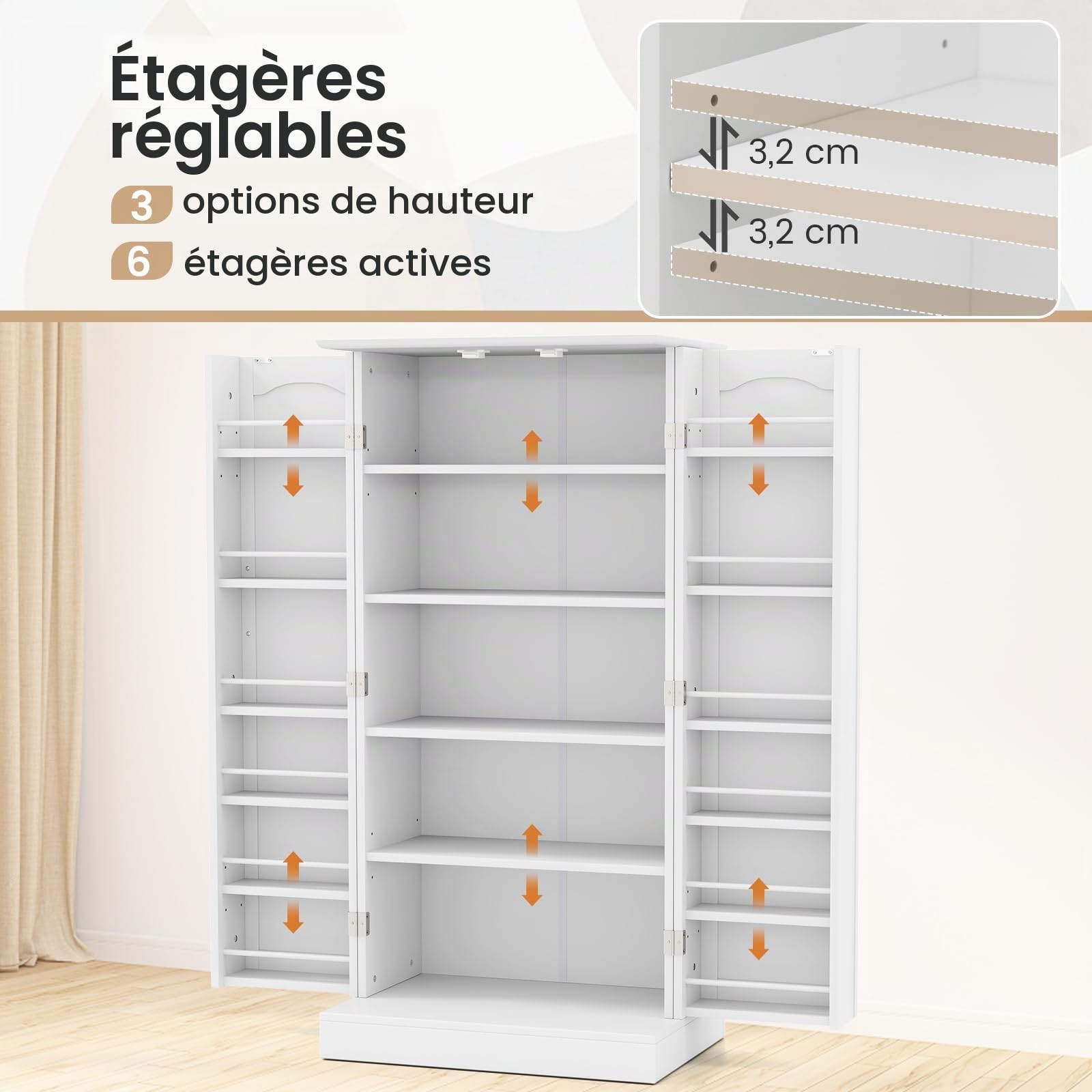 GIANTEX Buffet de Cuisine Moderne avec 2 Portes, 16 Étagères Réglables, Dispositif Anti-basculement, pour Salle à Manger, Salon (60 X 40 X 120 CM) (Blanc)