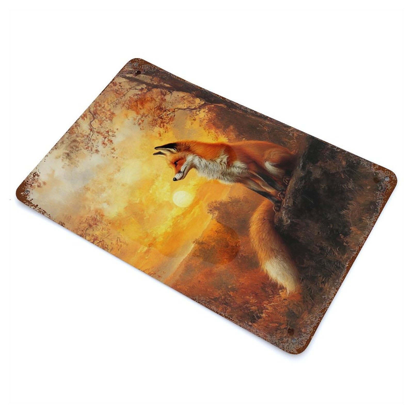 Retro Metal Sign with Fox at Sunset Design 11.8"x7.9", for Living Room, Hallway And Home Decor, Farmhouse Wall Decor