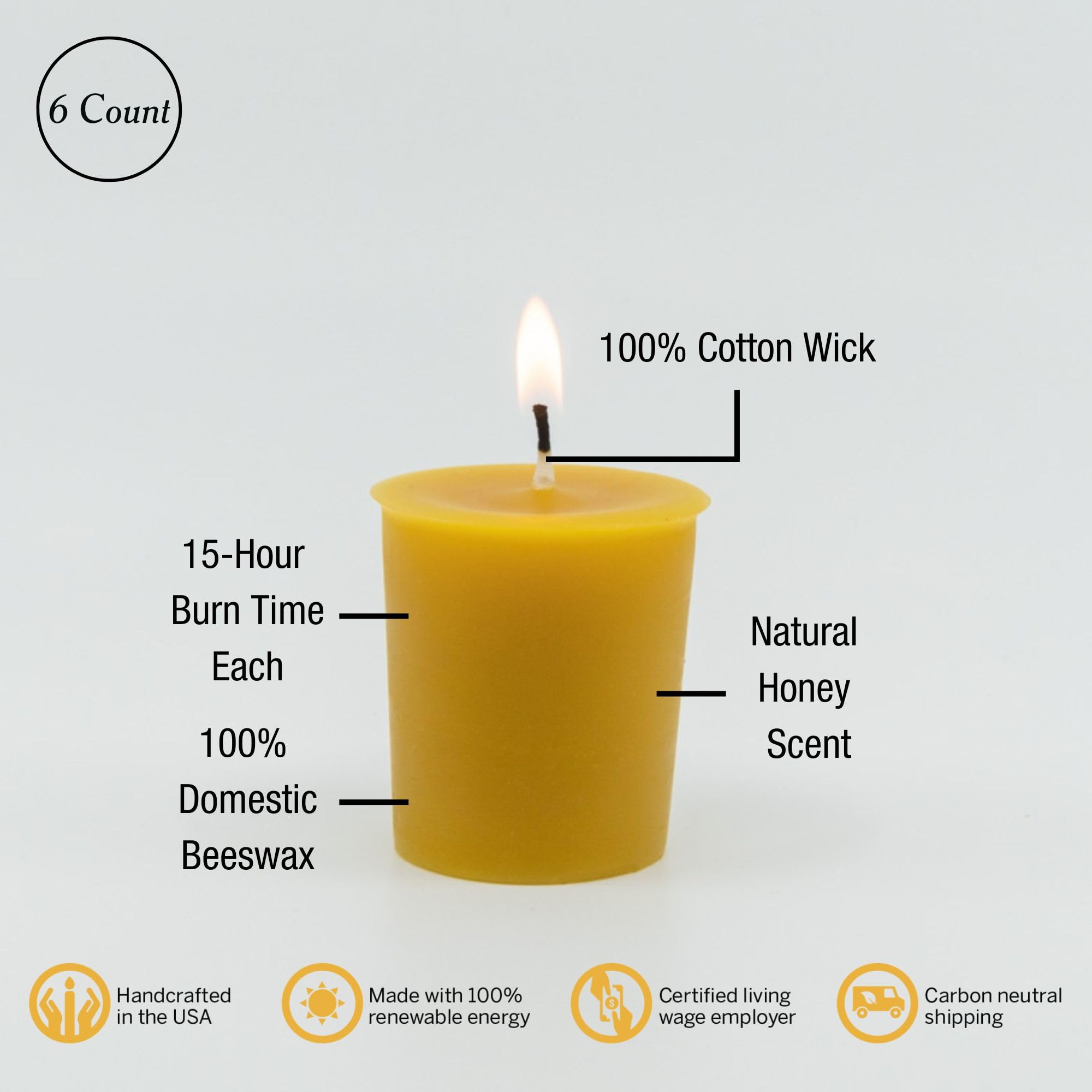 Sunbeam Candles 100% Pure Beeswax Votives | 6 Count Box | Long Burning 15-Hours Each | All Natural Non-Toxic Beeswax Prayer Candle