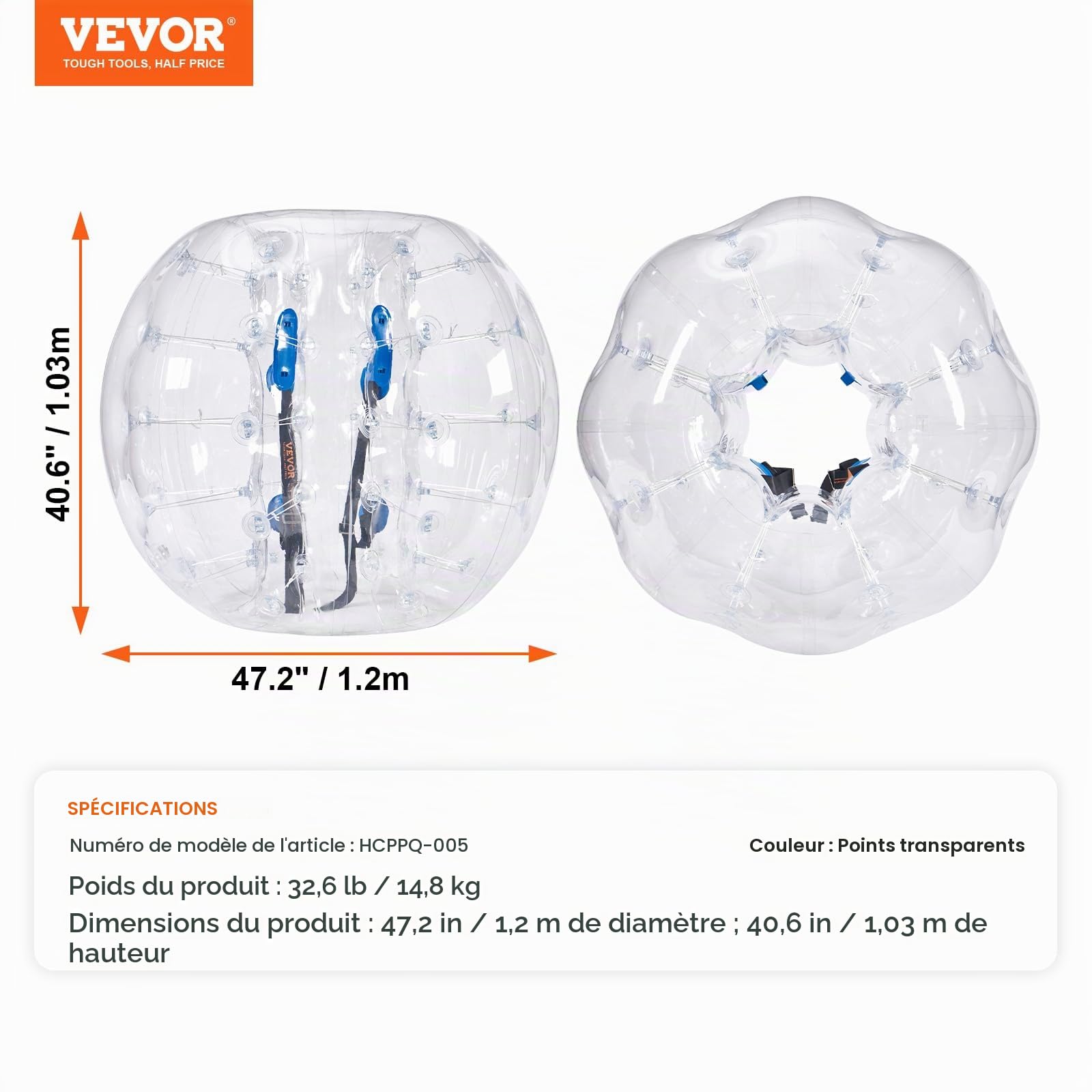 VEVOR Bulle Gonflable Transparente de 1,2 m 2PCs pour Adolescents et Adultes Balle Pare Chocs à Bulles en PVC pour Hamster Humain 0,8 mm d'Épaisseur pour Jeux d'Équipe en Plein Air Jouets Pare-Chocs