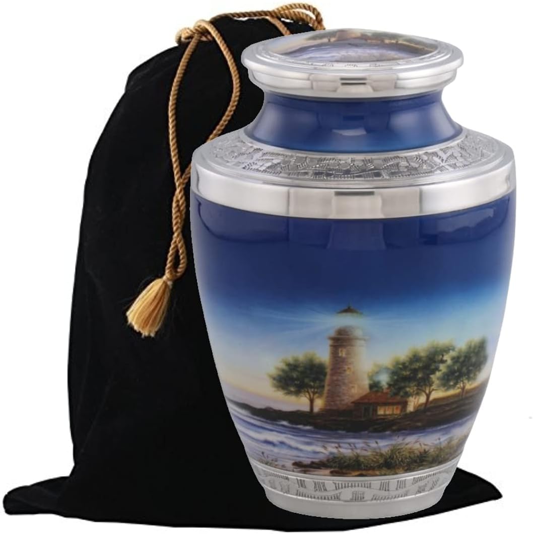 Lighthouse Cremation Urn, Handcrafted Metal Urn for Human Ashes, Adult Cremation Urn with Velvet Bag