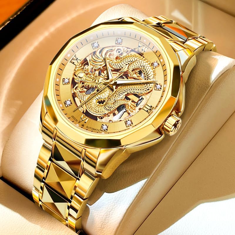 OLEVS Gold Watches for Men Luxury Automatic Dragon Skeleton Watches Mechanical Business Dress with Tungsten Steel Luminous 5atm Waterproof Diamond Fashion Wrist Watch
