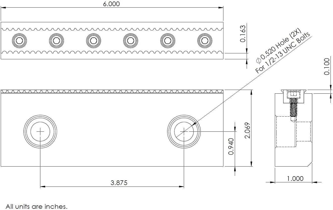 Professional CNC Milling Steel Vise Hard Jaw, 6” Wide, Serrated with 0.100” Replaceable Step
