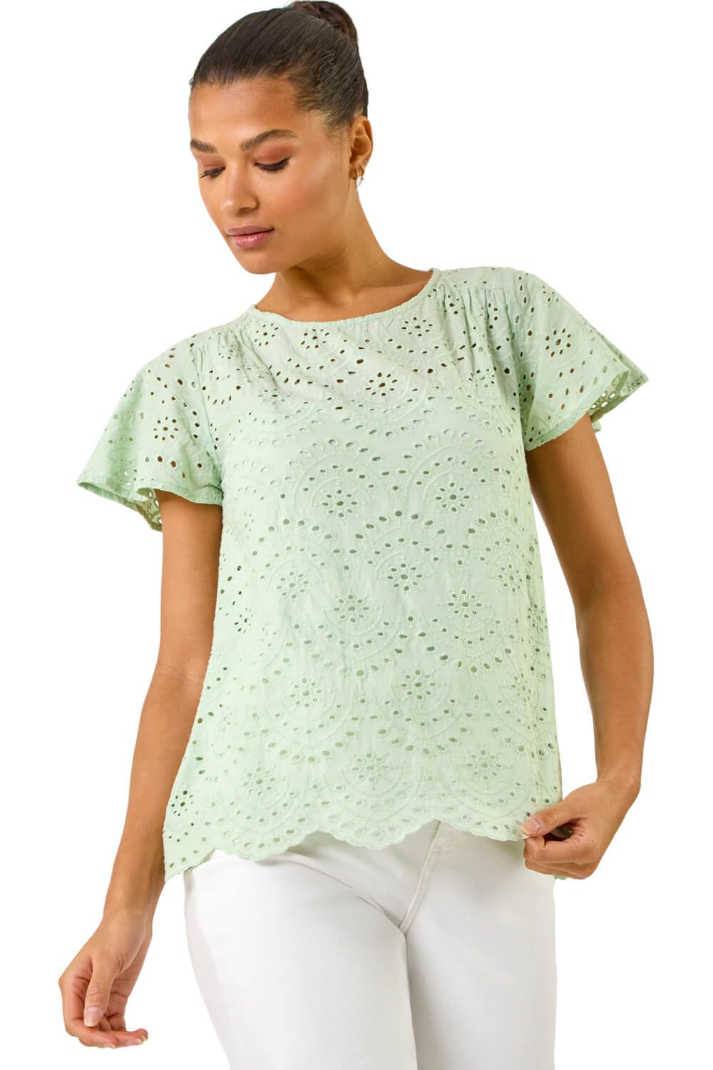 Roman Originals Broderie Short Sleeve Top for Women UK - Ladies Everyday Holiday Spring Summer Round Neckline Comfy Soft Evening Vacation Work Party - Green - Size 20