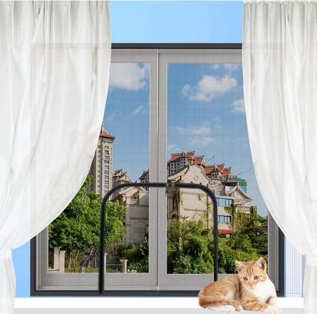Lingxiya Grey Zippered Window Net Anti-Mosquito Mesh,Window Safety Protection Mesh For Cat,Fly Screen Net With Self-Adhesive Tape, Choose Opening Position (Custom Size)