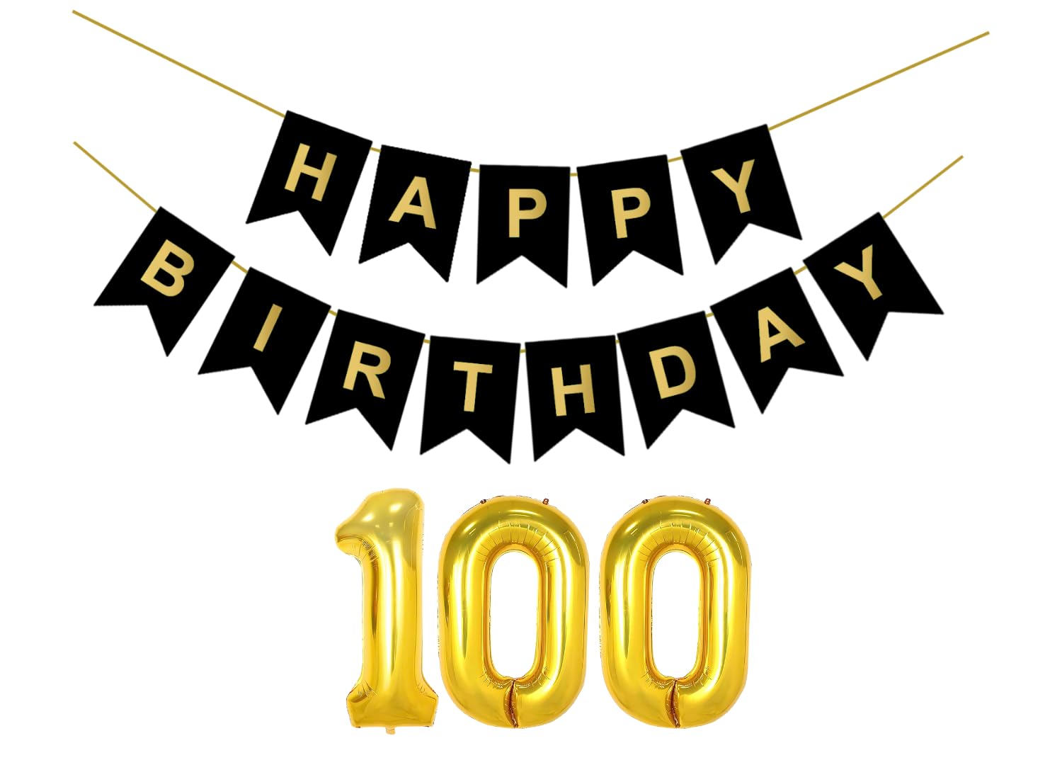 Flyloons 100th Black Colour Happy Birthday Banner Decoration Kit for 100 year Old Boys Girls Baby | with Number One-Hundred | 13 Pcs Reusable Cardstock Happy Birthday Paper Banner