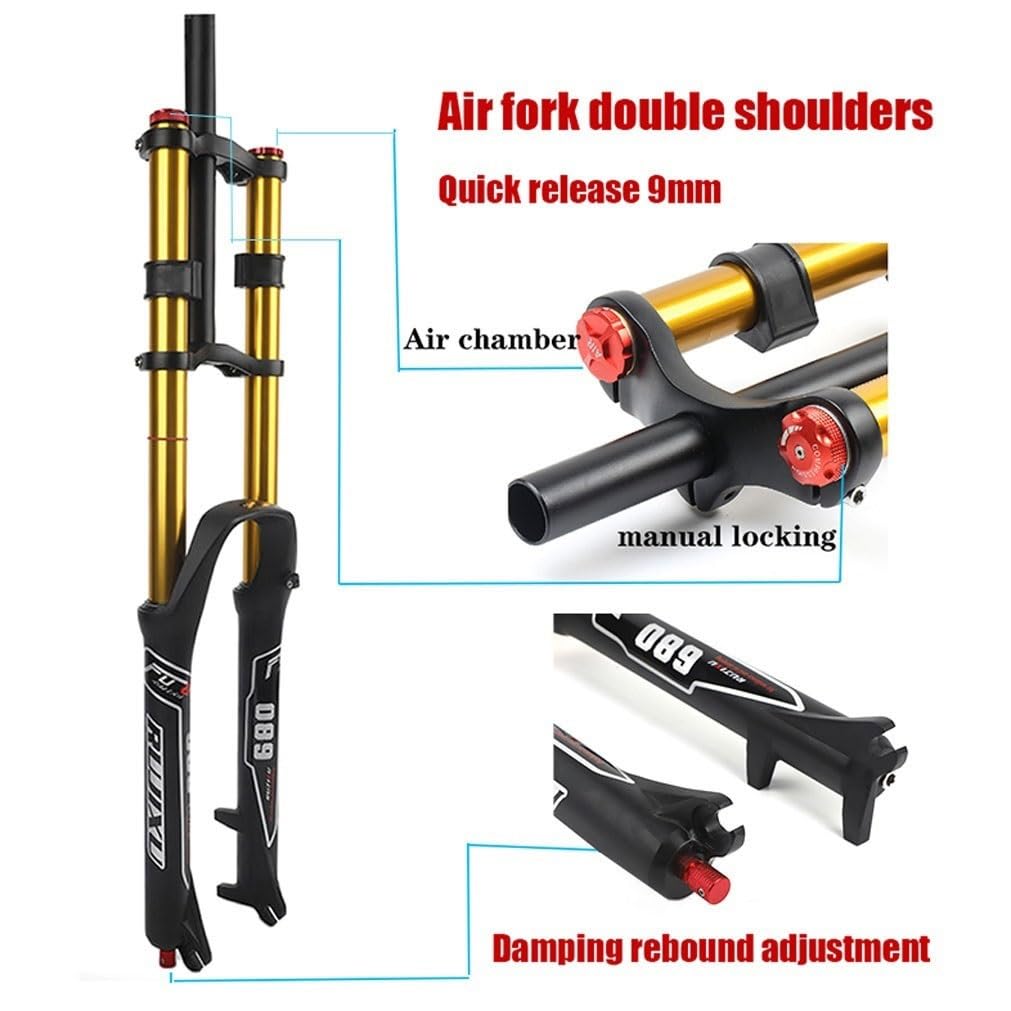 Fourche À Suspension VTT De Descente 26 27.5 29 Fourche À Air VTT Voyage 130mm Frein À Disque Fourche Droite QR Rebound Adjustale Verrouillage Manuel (Color : Gold, Size : 27.5'')