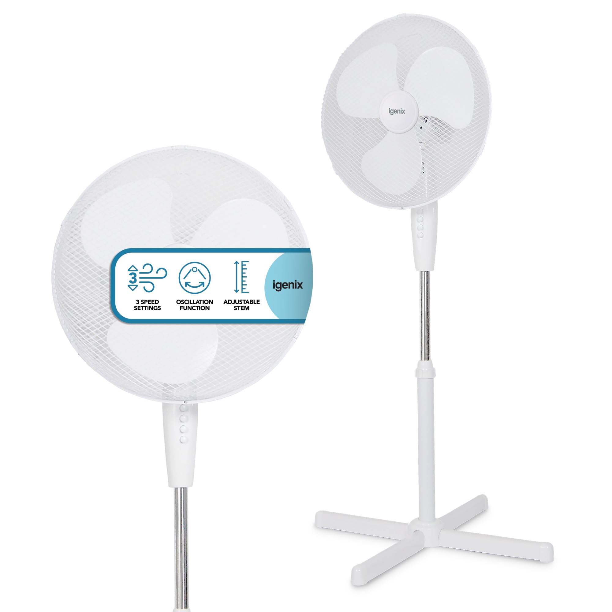 Igenix White 16 Inch Pedestal Fan, 3 Speeds,