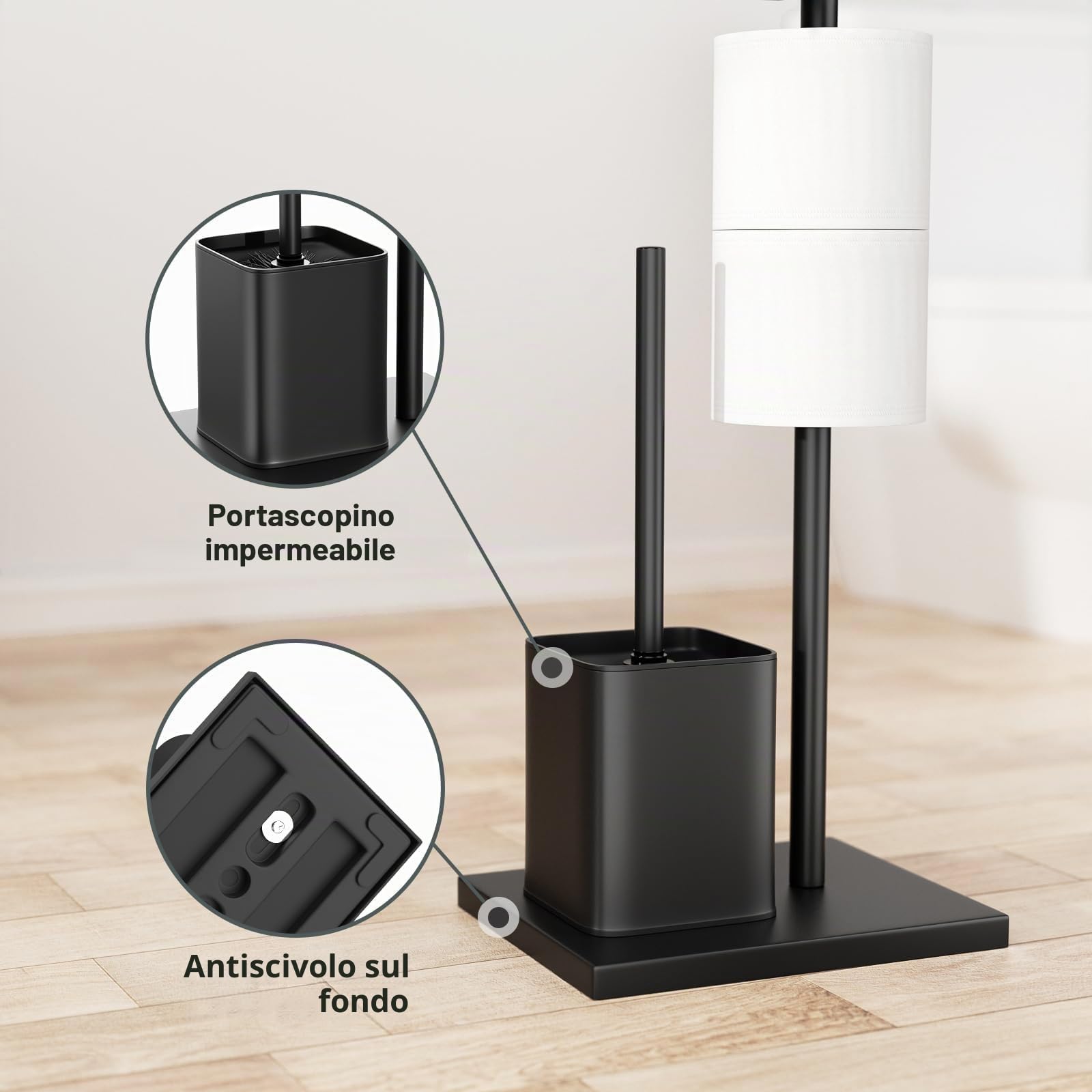Susswiff Piantana Portarotolo e Scopino - Nero, Acciaio Inox Portarotolo Carta Igienica con Spazzolino WC, Porta Rotoli Cartaigienica Bagno, in Piedi