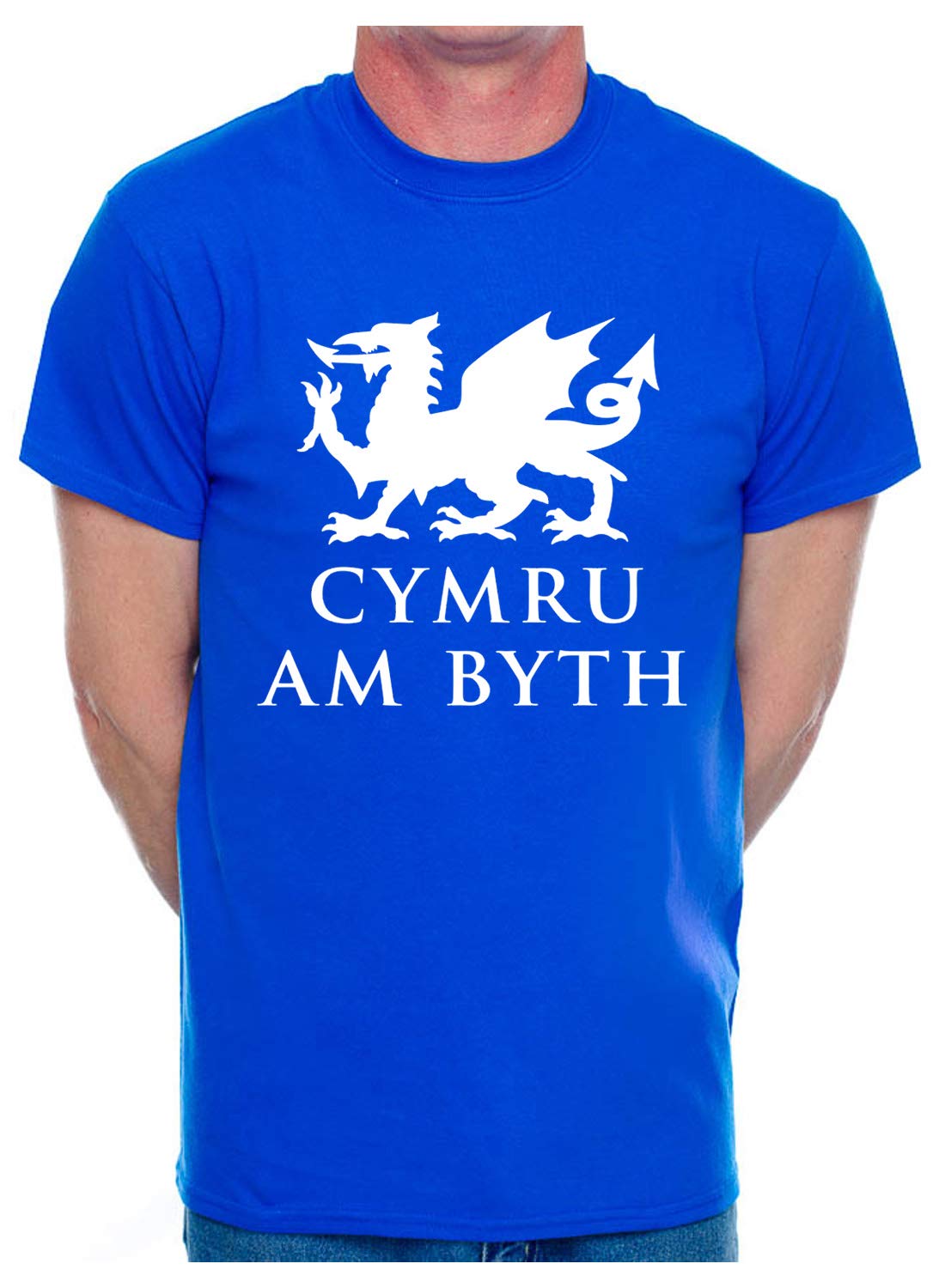 Print4u Men's Blue T-Shirt Cymru Am Byth Welsh Dragon Large