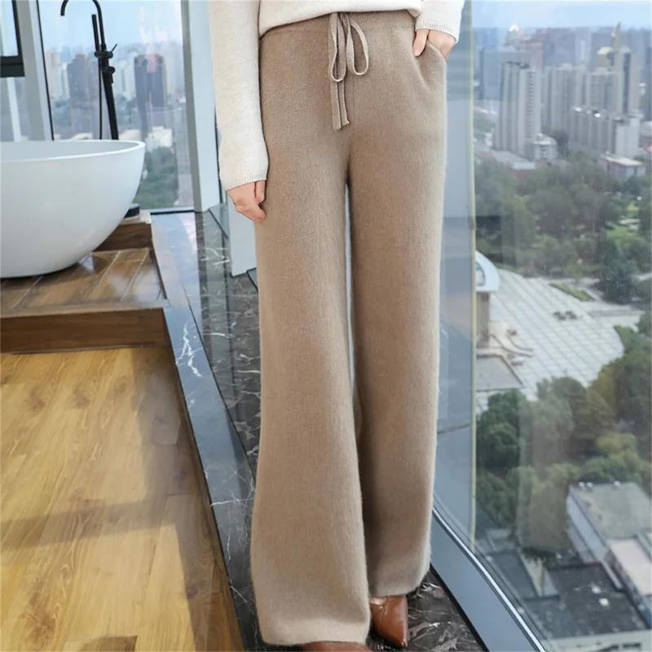 Pantaloni da donna in cashmere, pantaloni dritti a vita alta autunno e inverno, alla moda, casual, lavorati a maglia, a gamba larga