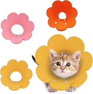 HACRAHO Pet Cone Collar, 3 PCS Cute Sunflower Shape Surgery Recovery Elizabethan Collars Adjustable Cone After Surgery Neck Collar for Cats and Dogs, Yellow and Pink and Orange