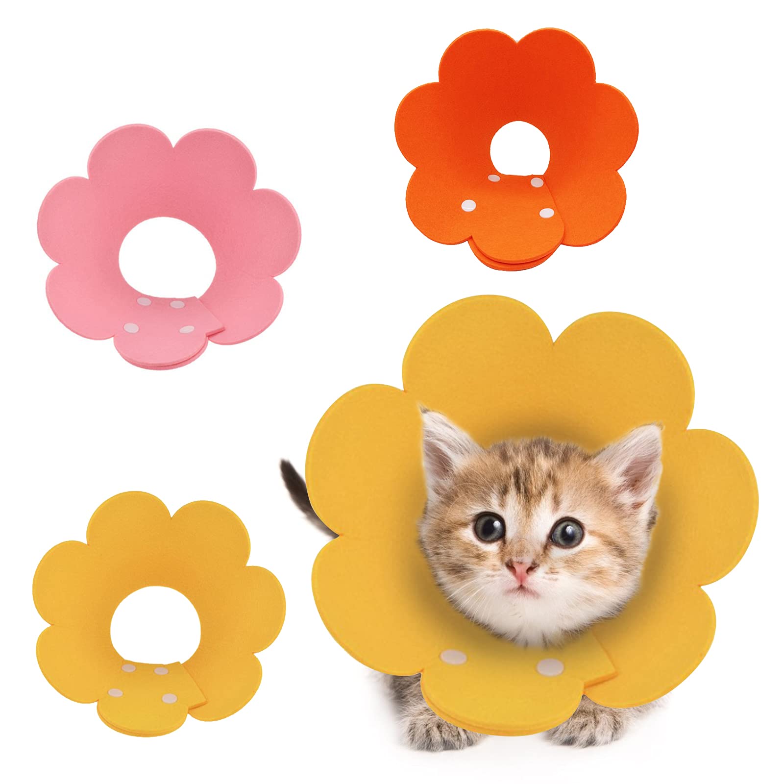 HACRAHO Pet Cone Collar, 3 PCS Cute Sunflower Shape Surgery Recovery Elizabethan Collars Adjustable Cone After Surgery Neck Collar for Cats and Dogs, Yellow and Pink and Orange