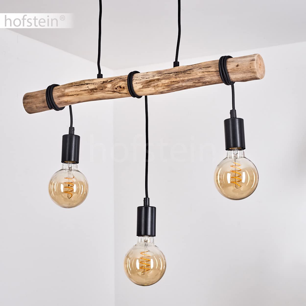 HOFSTEIN Pendelleuchte Toledo, moderne Hängeleuchte aus Metall/Holz in Schwarz/Natur, Pendellampe höhenverstellbar, skandinavischen Design, Echtholz-Balken, 3-flammig E27, Esszimmer, Wohnzimmer, Küche