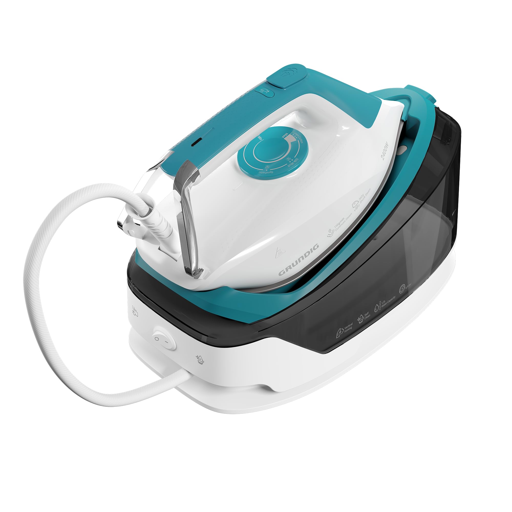 GRUNDIG Plancha de vapor SIS 6550 2400 W, 6,5 bar, vapor de 110 g/min y supervapor adicional de 360 g/min, suela de cerámica, autolimpieza y depósito de agua de 1,2 l, calentamiento rápido, blanco