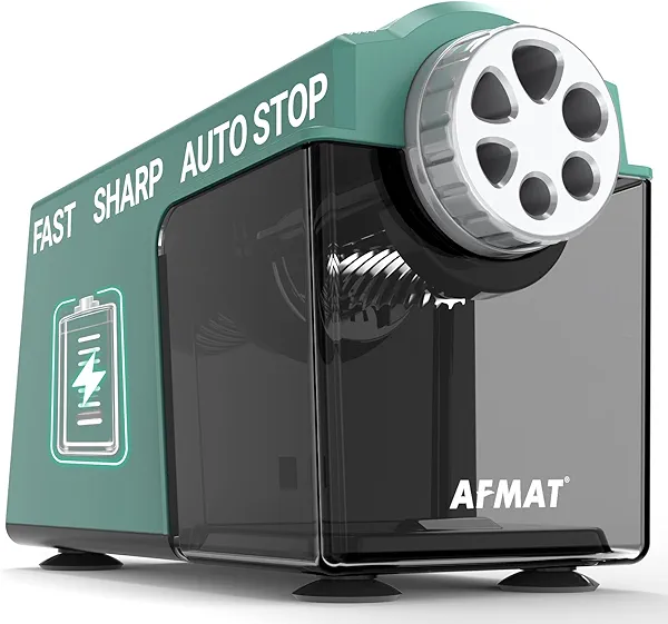 AFMAT PSD4 Electric Pencil Sharpener Heavy Duty, 6 Holes, Super Fast, Auto Stop & Save Pencils, 10K+ Uses, Rechargeable Classroom Pencil Sharpener for 6-11mm No.2/Large/Colored Pencils, Green