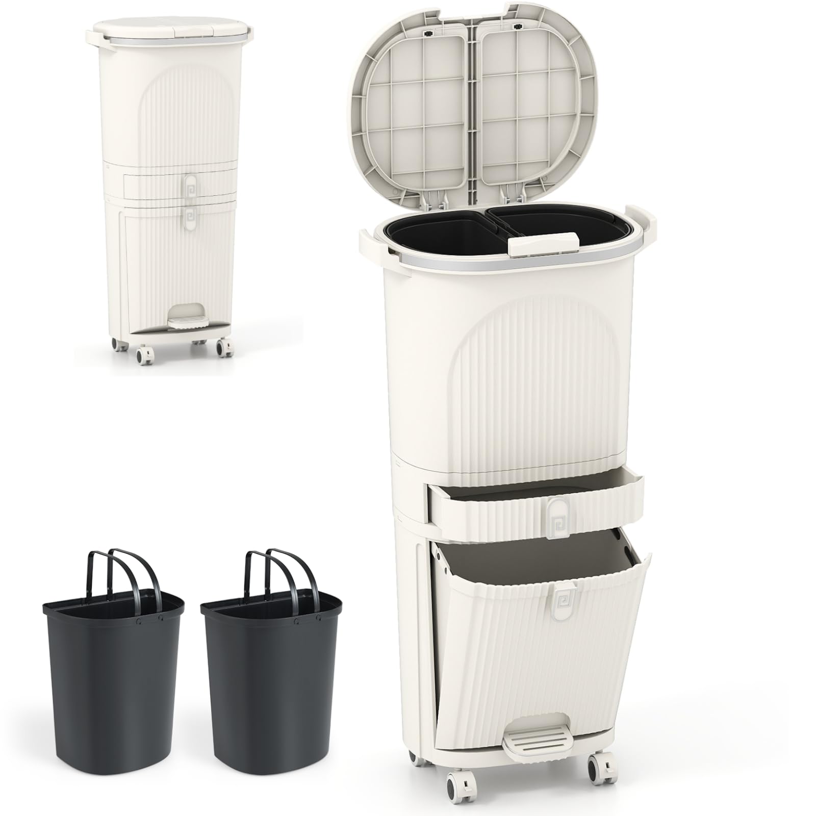 TANGZON Recycling Bins, Trash Can Garbage Bin with 3 Compartments, Wheels, Retractable Pedal, Handles & Stickers, Home Kitchen 2/3 Tier Vertical Waste Separation System (Beige, 42L, 2 Lids,1 Drawer)