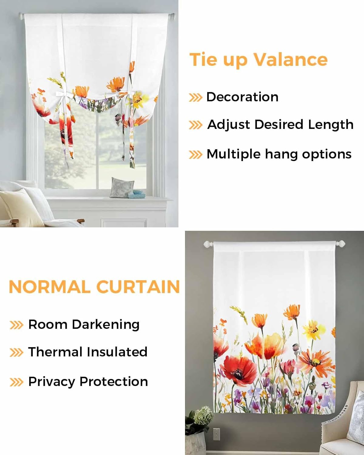 Tie Up Curtain for Windows Wildflower Balloon Window Shades for Bedroom Bathroom Adjustable Rod Pocket Colorful Leaves Flower Window Treatments Curtains Valance for Kitchen 52" W x 63" L