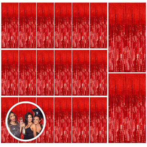 Image of 20 Pack Red Streamers Party Backdrop Christmas Decorations Foil Fringe Backdrop Curtains Carnival Casino Theme Birthday New Year Holiday Celebration Bachelorette Party Decorations Supplies