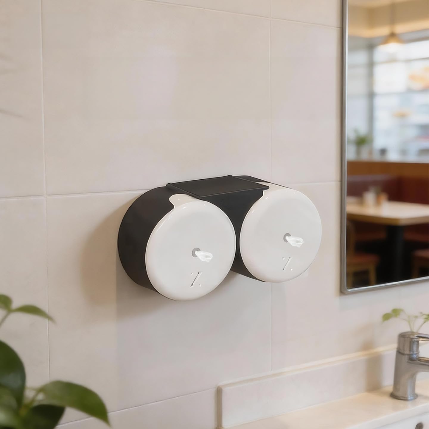 Dispensador Doble de Papel higiénico Comercial para Montaje en Pared, portarrollos de plástico con extracción Central y Estante Superior, instalación sin Perforaciones.