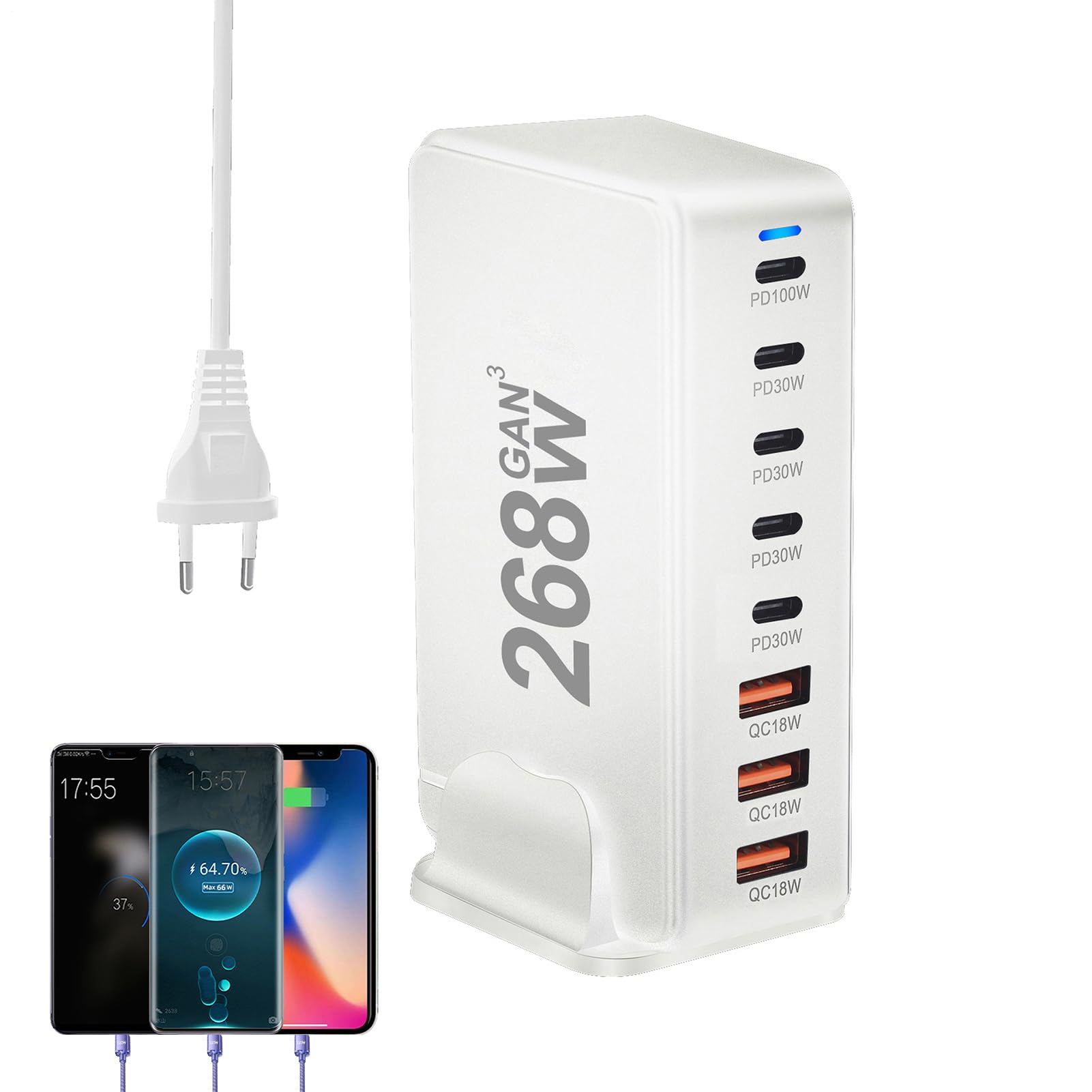 Caricatore con Connettore USB C Stazione di Carica con 8 Porte USB Multiple | Caricatore 268W USB C PD Per L'Uso In Casa, In Ufficio, In Viaggio, Per Telefoni, Tablet, Laptop E Altri Dispositivi E