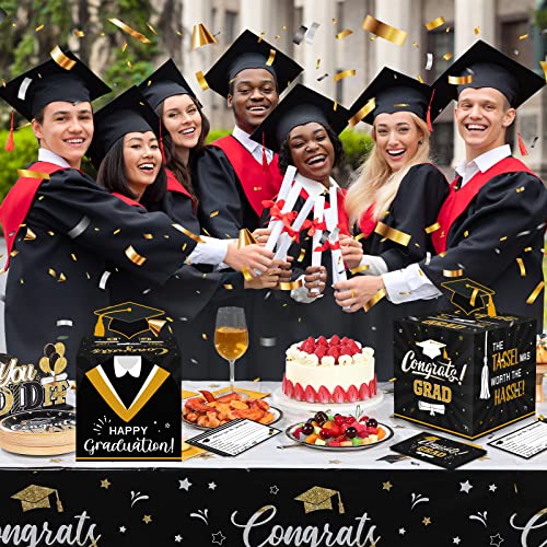 Image of Funrous Large 2026 Black and Gold Graduation Card Box with 30 Pcs Advice Card Gift Money Box Congrats Grad 3D Cap Top Holder Class of 2026 Party Decorations College Graduation Supplies