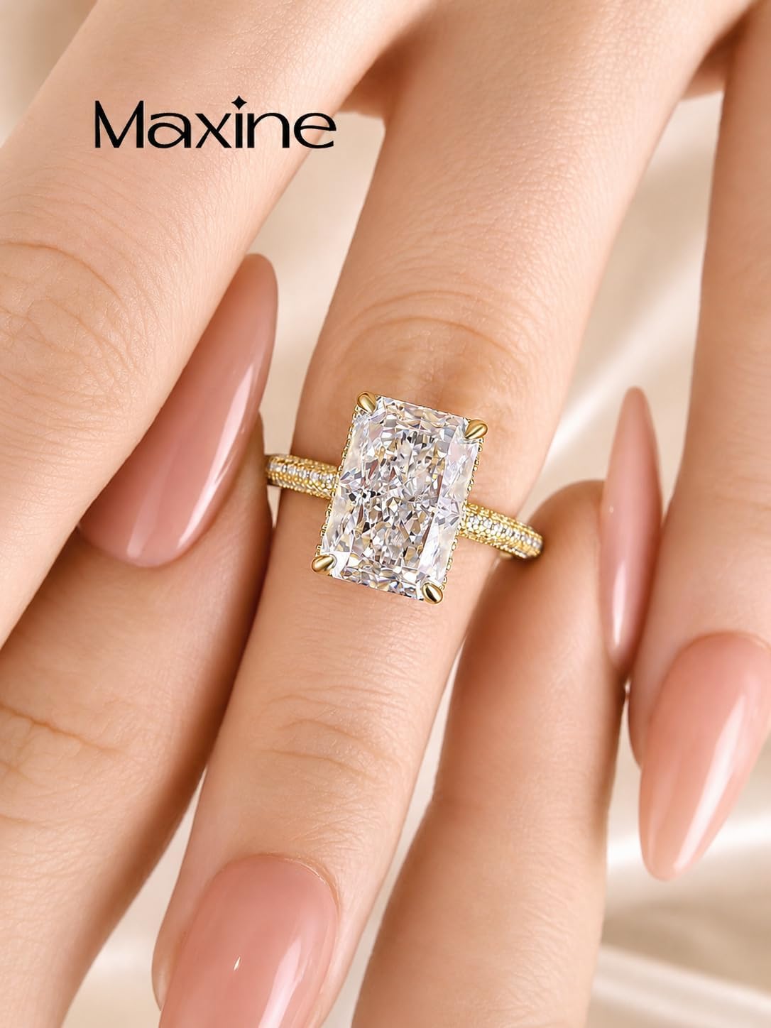 Maxinejewelry 4.5 Carat Radiant Cut Wedding Ring Set for Women,Extra-thick Gold Plated S925 Silver Engagement Ring and Half Eternity Wedding Band Set