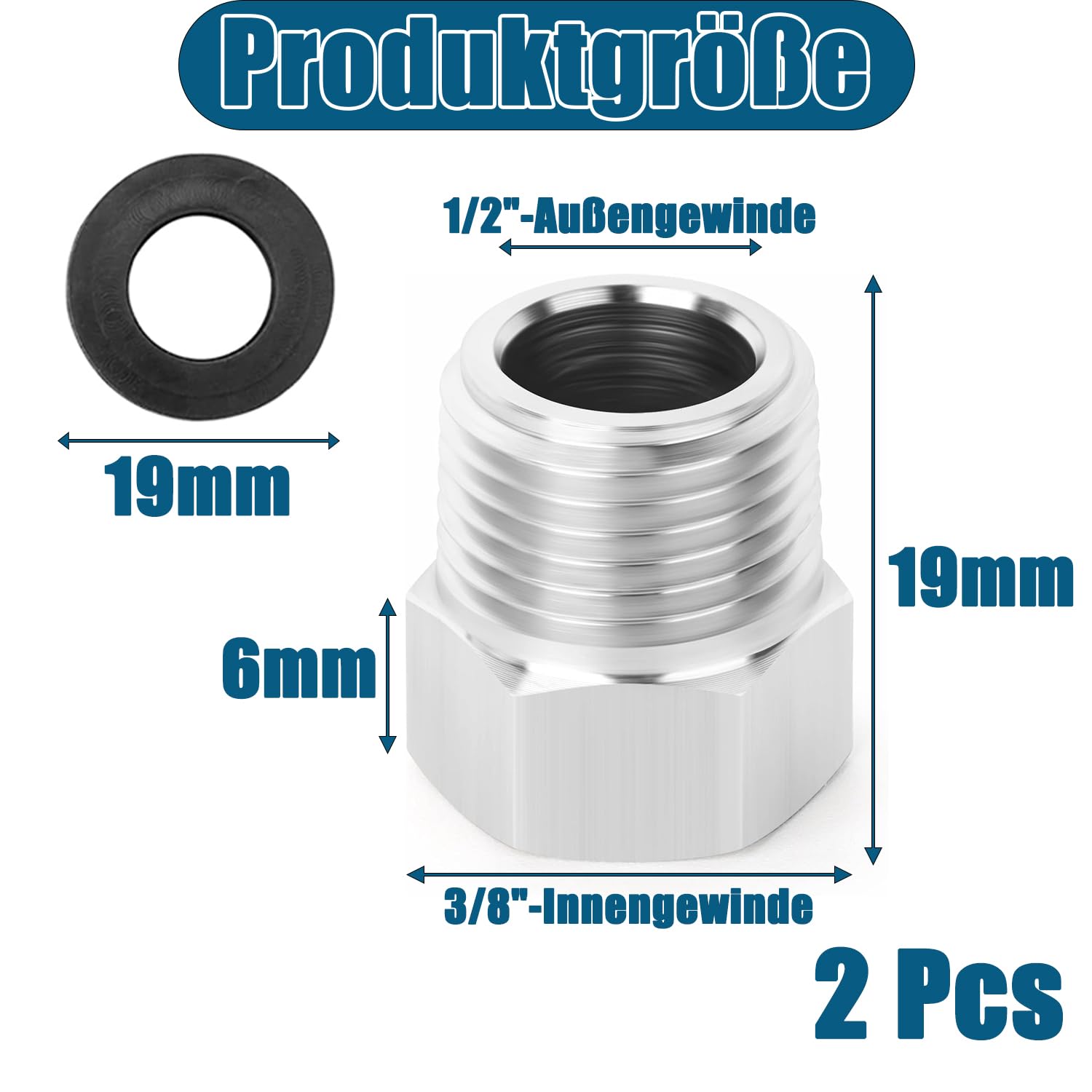 2 riduttori da 1/2 a 3/8, 2 adattatori da 1/2 a 3/8 pollici, riduttore, raccordo filettato in acciaio inox, filettatura esterna, filettatura interna, adatto per industria ecc. Con anello in