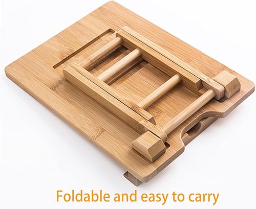 Miniatura 2 de Soporte de bambú para tableta, soporte plegable ajustable para iPad de madera con orificio cargable para escritorio y cocina (Tableta A)
