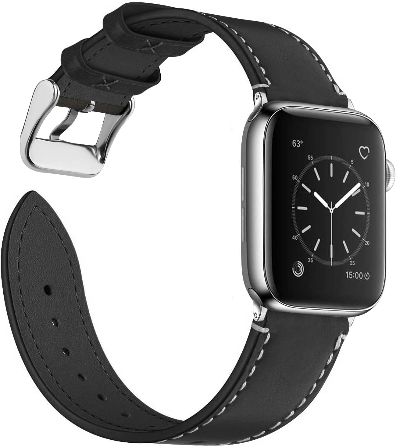 Fullmosa Compatible Apple Watch Band 40mm 41mm 44mm 45mm, Leather Band Compatible with iWatch Ultra Apple Watch Series 8 7 6 5 4 SE2 SE, 40mm 41mm Black+Silver Buckle