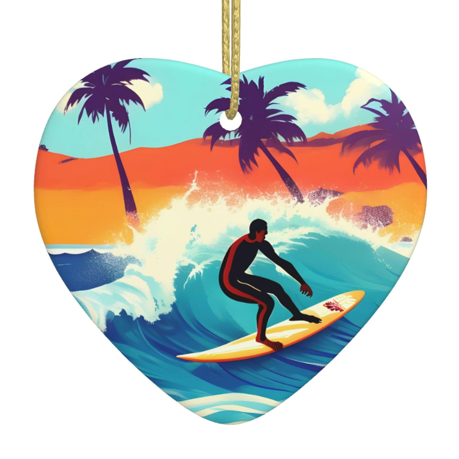 Nbtghga White Hawaiian Surfer On Wavy Print Christmas Ornaments, Ceramic Hanging Ornament, Xmas Tree Decoration, Holiday Home Decor