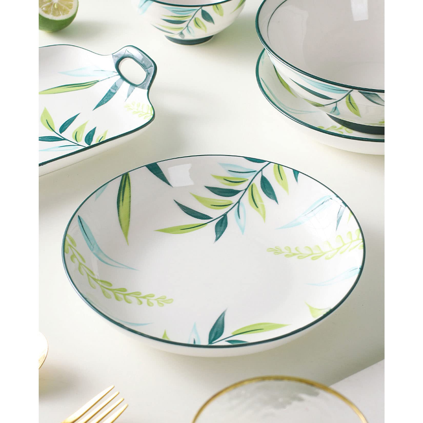 Set di 6 Piatti Piani, Piatto Piano in Ceramica Foglia Dipinta A Mano, Stile Semplice E Fresco, Adatto per Feste, Sagre, Compleanni,Bianca,8in