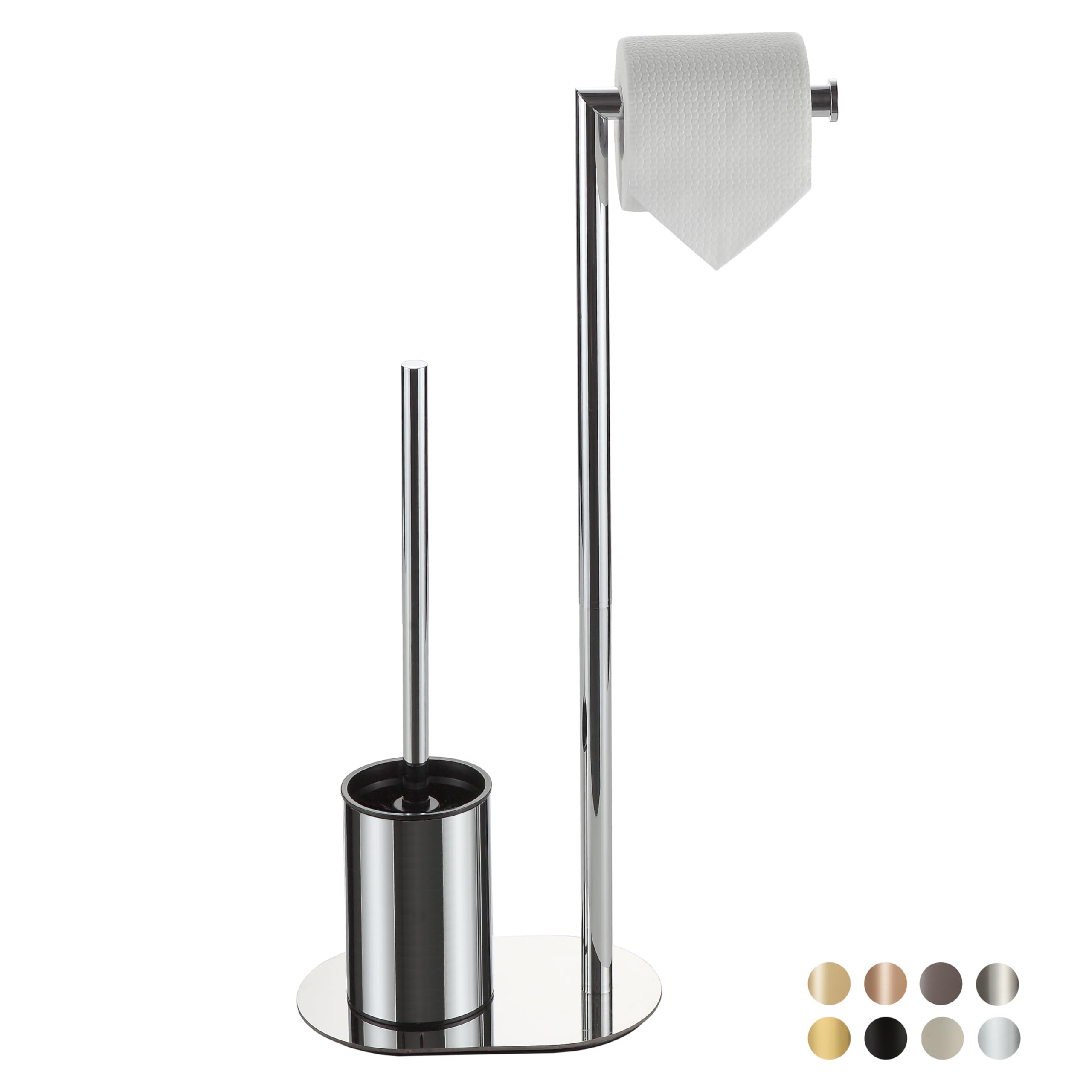BVL Piantana Portarotolo e Scopino Cromo, Scopino WC con Porta Carta Igienica in Acciaio Inox, Porta Carta Igienica da Terra Scopino Bagno WC