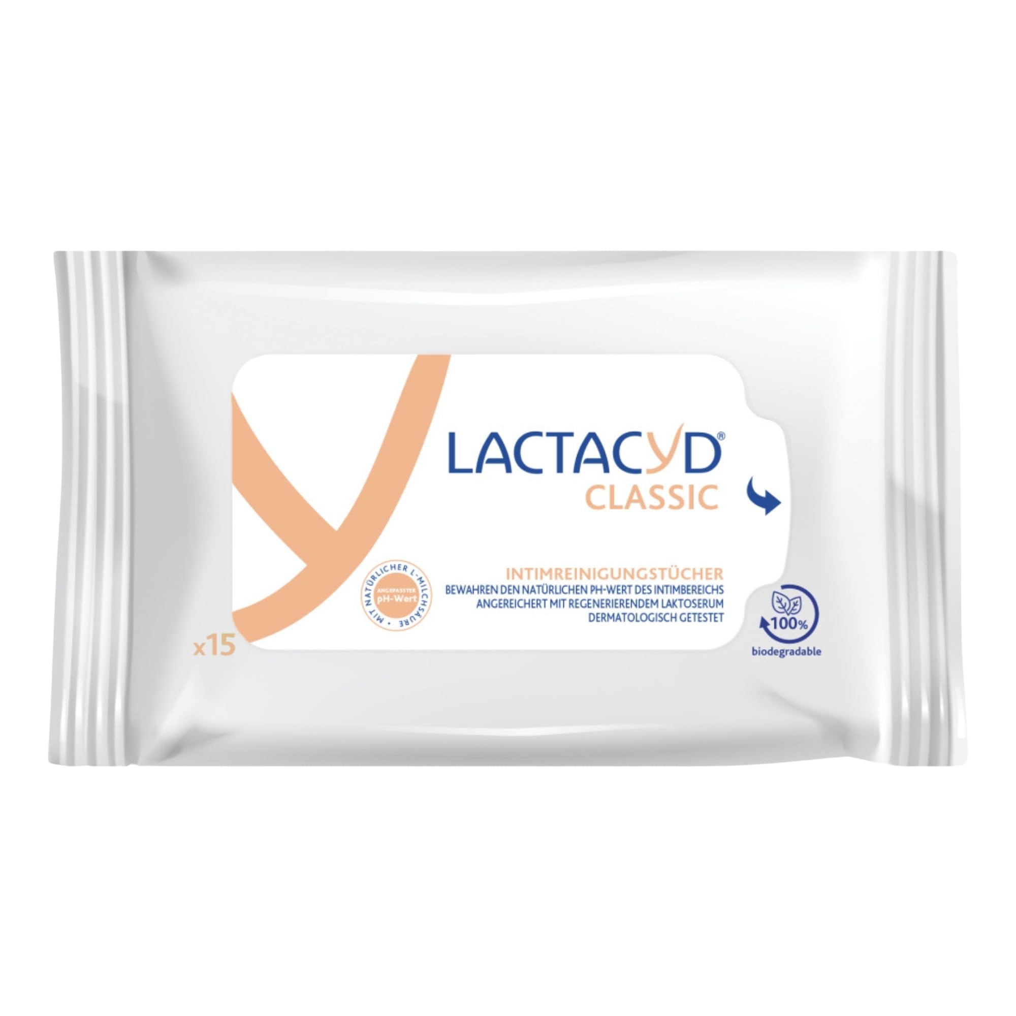 LACTACYD Classic Intimreinigungstücher – mit angepasstem pH-Wert und natürlicher L-Milchsäure – klinisch geprüft & bestätigt – praktische Feuchttücher für unterwegs – 15 Stück
