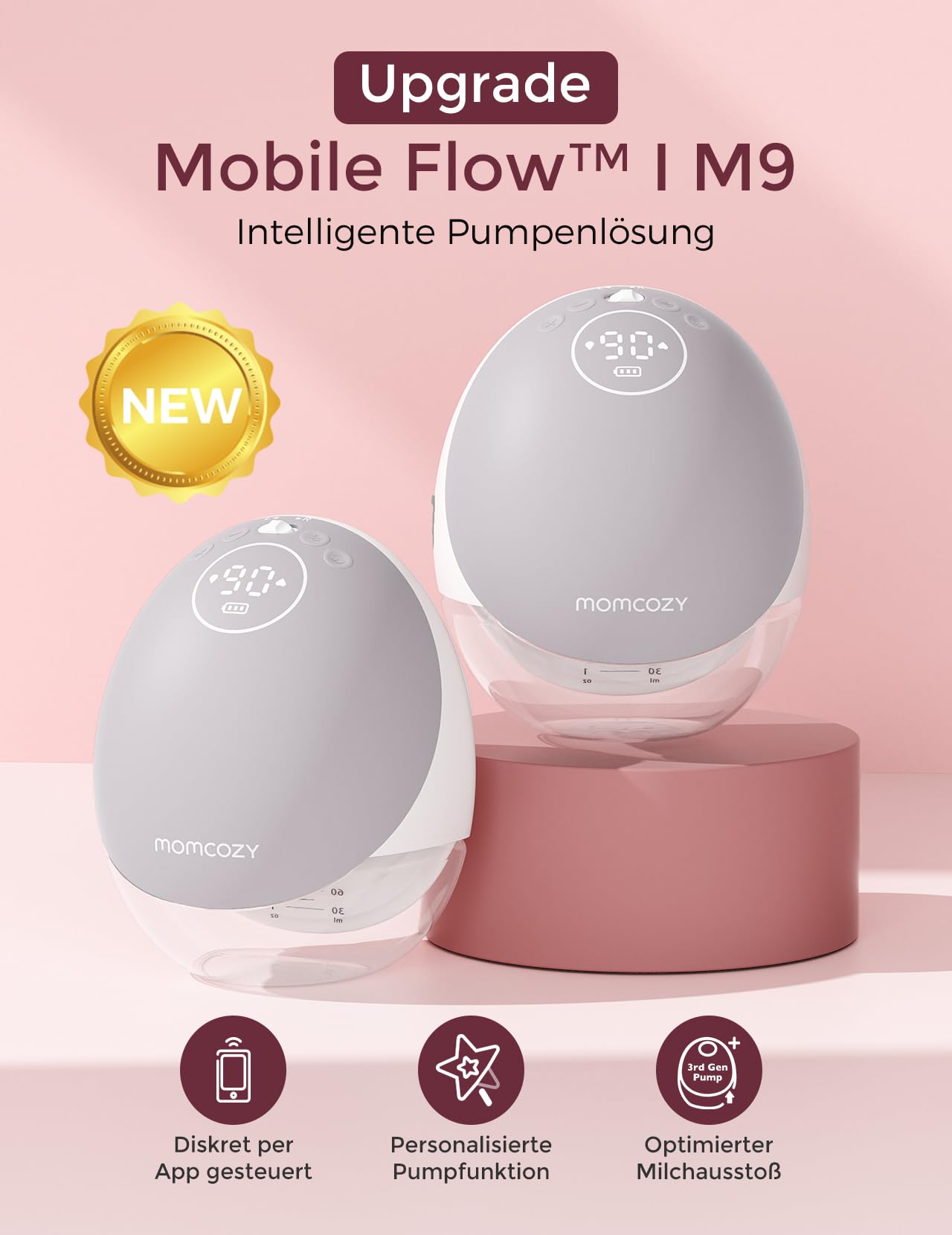 Momcozy M9 Mobile Flow Milchpumpe Elektrische handsfree 1 Pack Rot | App-Steuerung, Personalisierte Multi-Modi & 15 Stufen, Tragbare Pumpe, 24 mm Brusthaube 150 ml