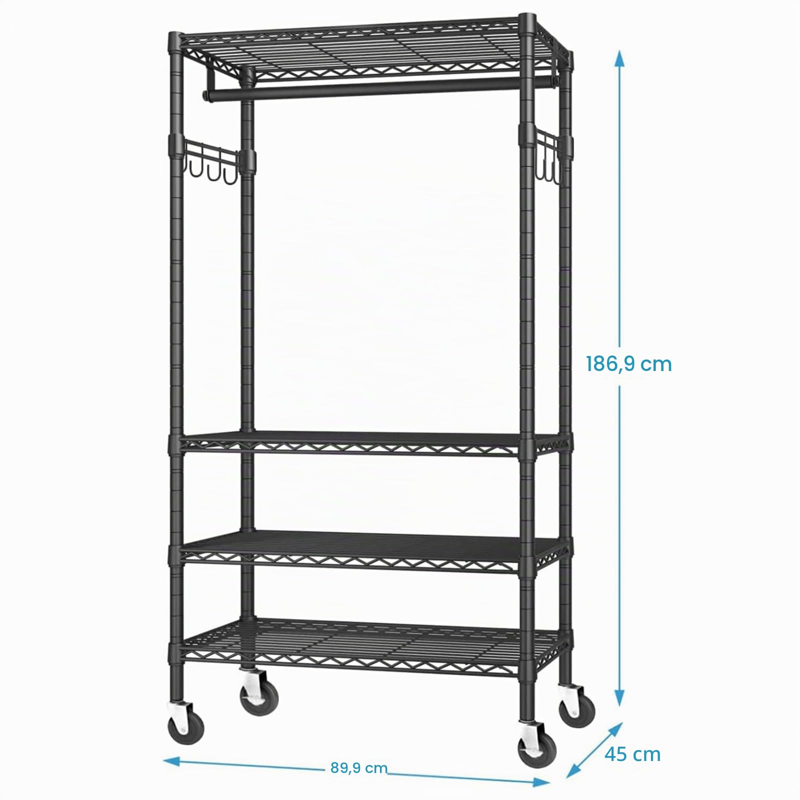 Armario Abierto para Ropa de 4 Baldas, Perchero de Pie | para Dormitorio o Vestidor, Negro, 187 × 90 × 45 cm