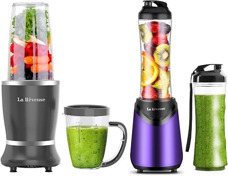 La Reveuse 250W Personal Size Blender Black + La Reveuse 300W Single Serve Blender Silver