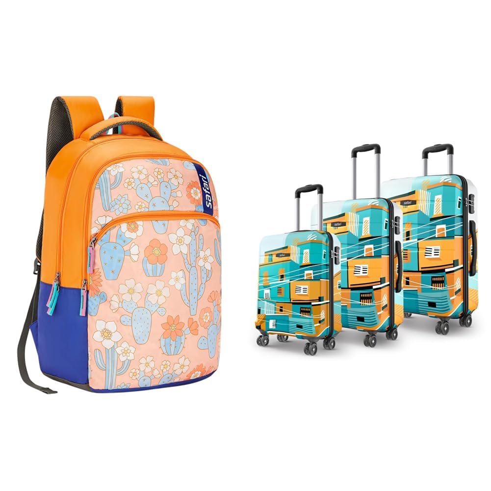 Cacti School Bag For Girls, Capacity - 36L, 2 Compartments Backpack For kids + Oasis 55, 65 & 77 Cms Polycarbonate Trolley Bag, Printed Cabin 8 Wheels Spinner Travelling Hard Suitcase-image-17