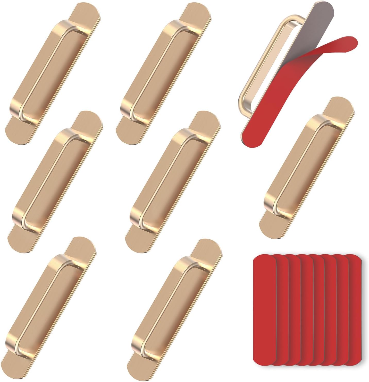 8 Pack 5.7 Inch Adhesive Cabinet Handles - No Drill Stick on Door Push Pulls for Closet, Drawer, Fridge - Peel & Stick Sliding Door Handles with Strong Adhesive & Secure Grip (8, Gold)